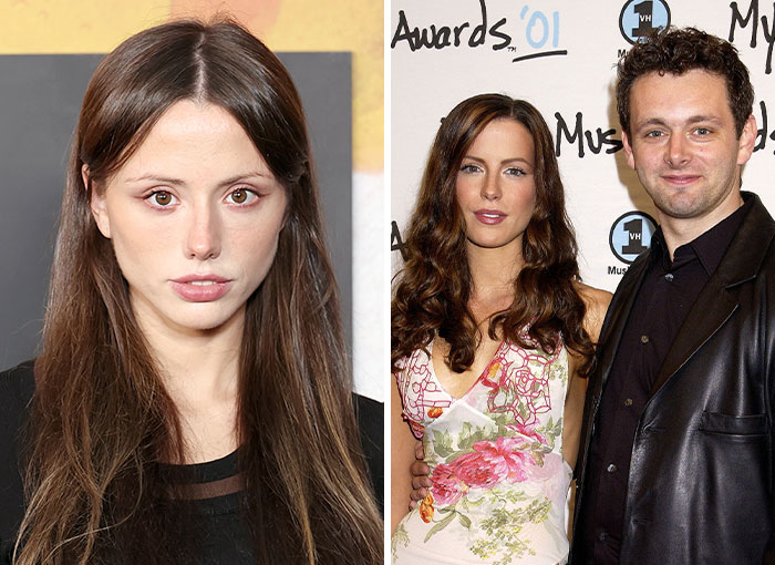 Comparison view of Lily Mo Sheen alongside Kate Beckinsale and Michael Sheen, famous nepo babies in Hollywood.