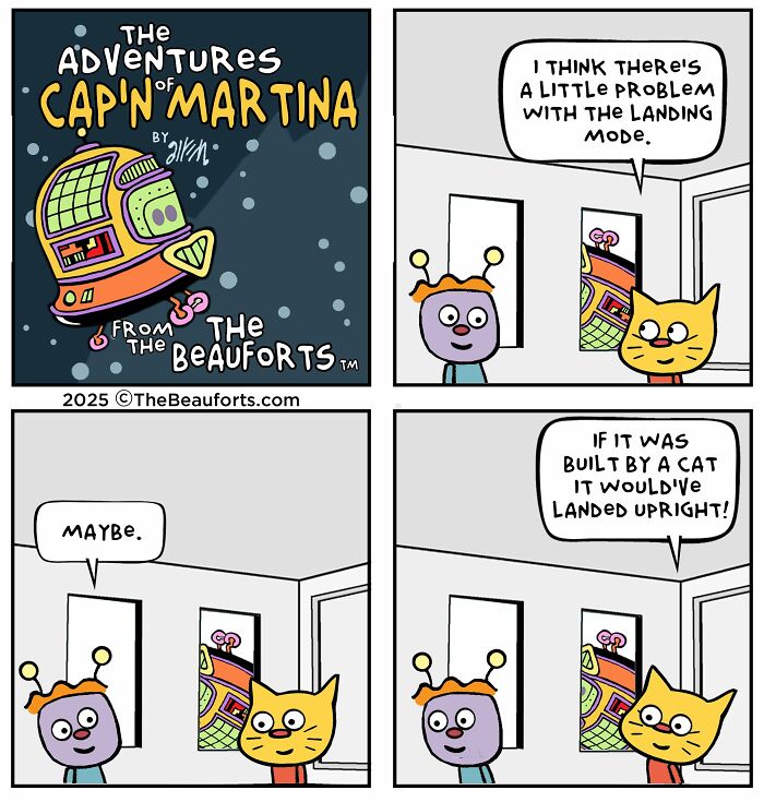 Cap'n Martina funny space comics panel showing cartoon alien and cat characters discussing a crash landing. Cap'n Martina funny space comics panel showing cartoon alien and cat characters discussing a crash landing.