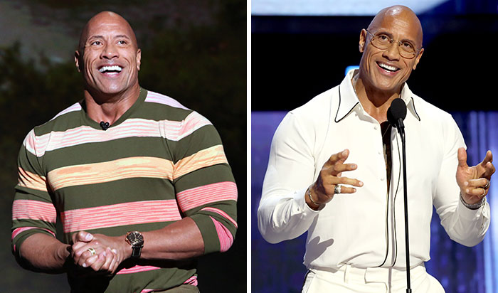 Side-by-side comparison photos showing the Hollywood superstar in different outfits on stage.