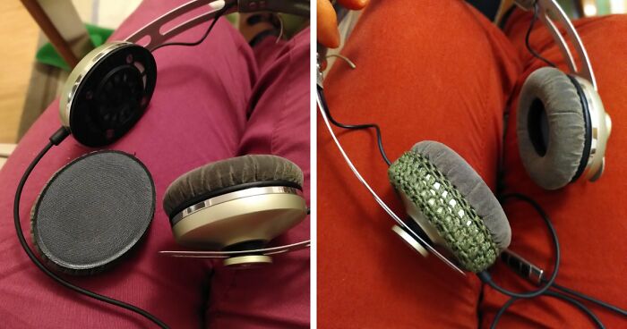 Before and after repair of headphones using crocheted yarn, displaying creativity that saves money.