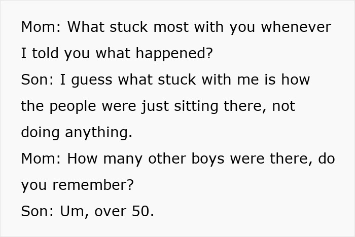 Text dialogue of a mother and son discussing how boys are raised and bystander intervention in the Cornell Case.