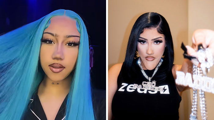 Side-by-side comparison of North West's Halloween transformation look with bright blue and dark wigs.