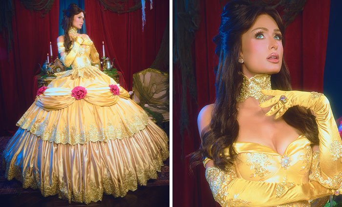 Paris Hilton dressed in a glamorous yellow gown for a Beauty And The Beast photoshoot.