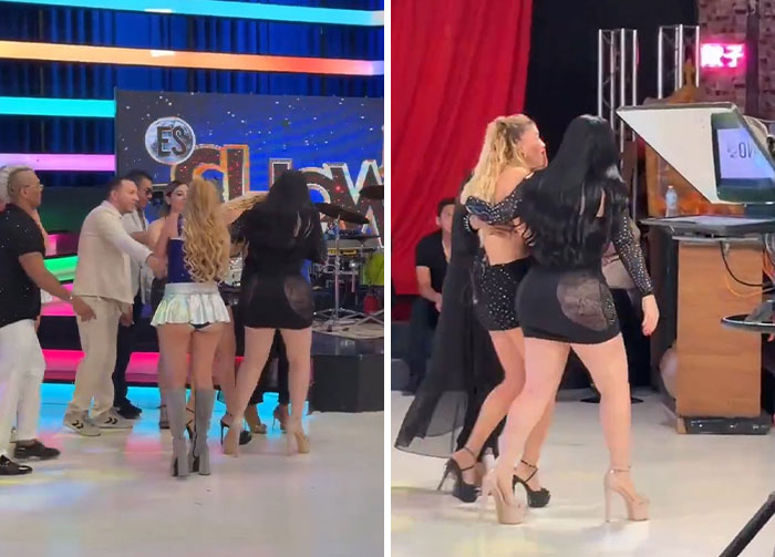 Split view showing studio crew and models reacting on stage after the TV show host drone incident