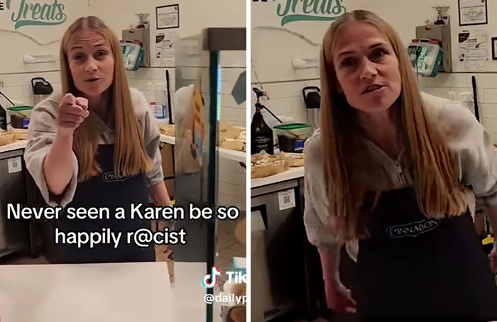 Woman gesturing behind a counter in a split-screen video regarding a confrontation with a Karen couple. Woman gesturing behind a counter in a split-screen video regarding a confrontation with a Karen couple.