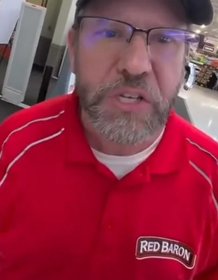 Close-up of a store employee speaking emotional words while facing an Instagram prankster. Close-up of a store employee speaking emotional words while facing an Instagram prankster.
