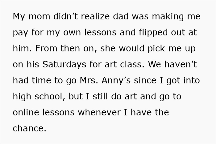 Screenshot of text explaining how a mother found out her ex-husband made their daughter pay classes. Screenshot of text explaining how a mother found out her ex-husband made their daughter pay classes.