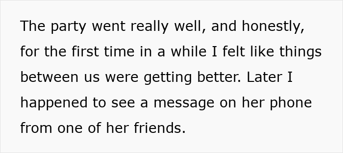 Text explaining a successful party before seeing a suspicious phone message after a woman's girls' trip.