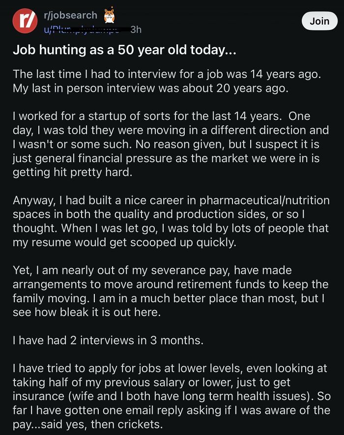 Reddit post about job hunting challenges at 50 and financial pressure