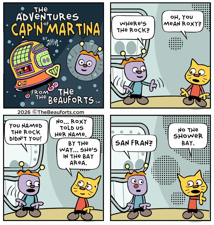 Funny space comic panel depicting a humor dialogue about a rock named Roxy in the shower bay. Funny space comic panel depicting a humor dialogue about a rock named Roxy in the shower bay.