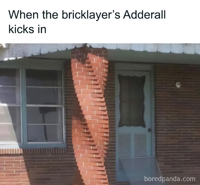 Funny cringe construction fails memes featuring a strangely twisted brick column on a house porch.