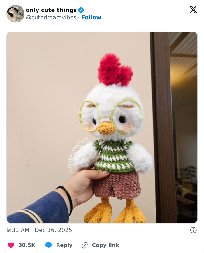 Hand holding a crocheted chicken doll with glasses and knitted clothes