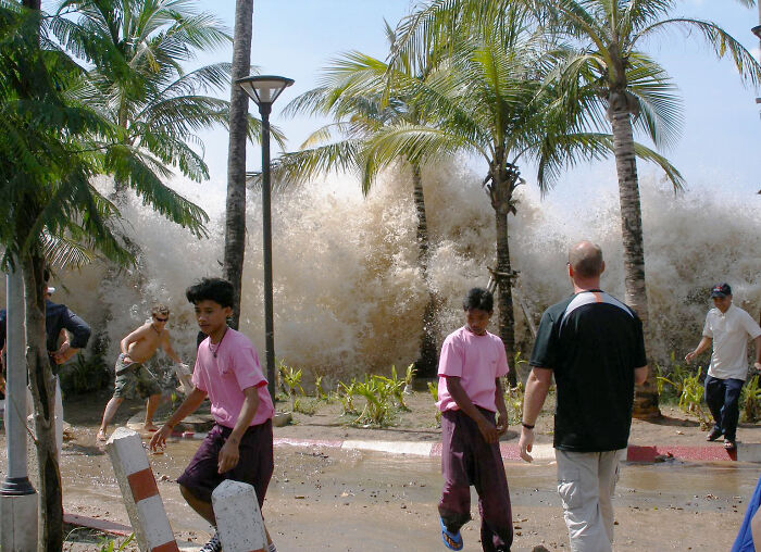 Tsunami wave crashing near people walking by palm trees showing natural disaster dangers