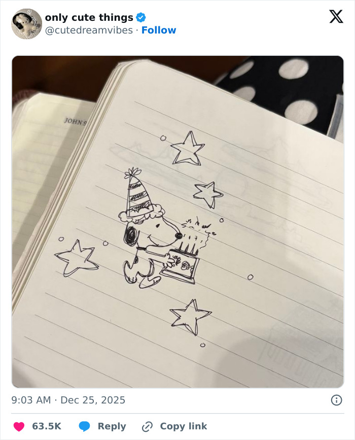 Hand-drawn Snoopy birthday cake doodle with stars, cute little things