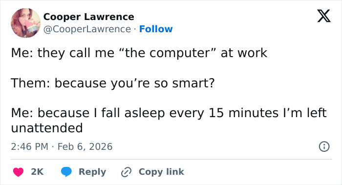 Funny work tweets joking about falling asleep at the computer like a computer on standby.