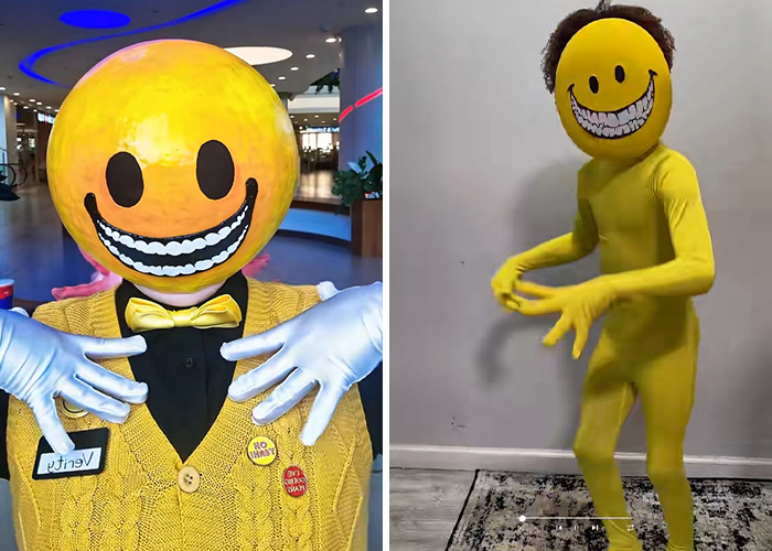 Yellow smiley face character Halloween costume with gloves and bowtie