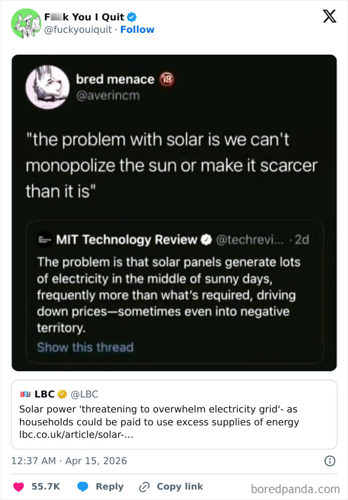 Tweet discussing solar power issues and monopolizing the sun in electricity grid debate