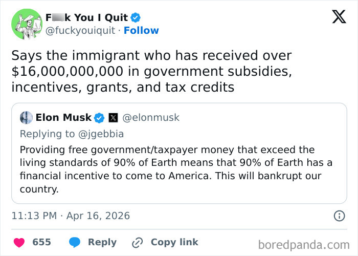 Tweet criticizing government subsidies related to immigrant financial incentives