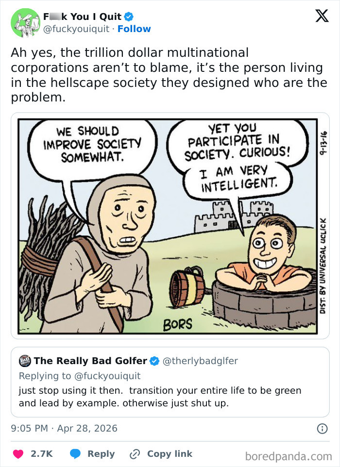 Cartoon and tweet about societal blame and multinational corporations