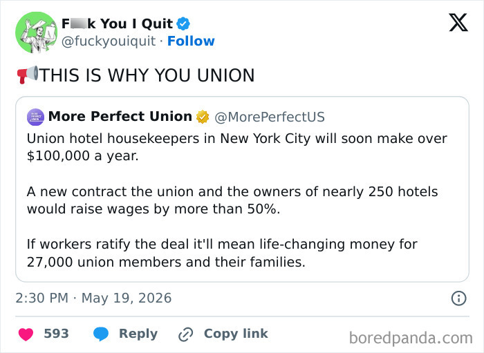 Tweet about union hotel housekeepers negotiating wage increases
