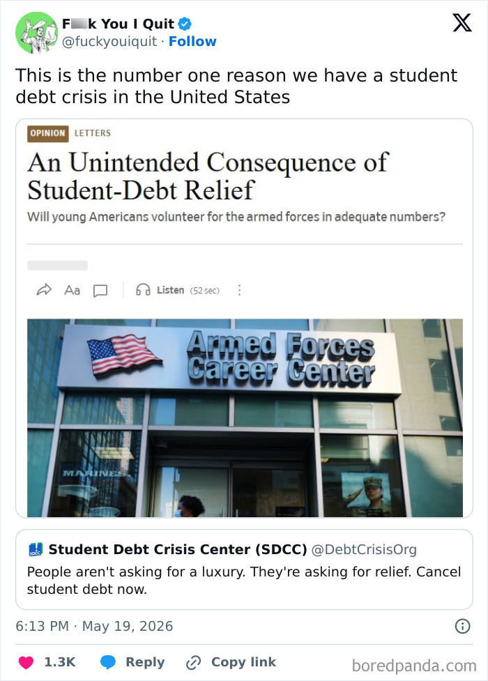 Tweet explaining student debt crisis linked to armed forces recruitment shortage