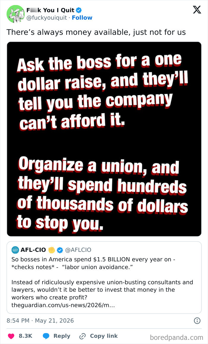 Text post on union busting costs versus denial of small wage raises in America