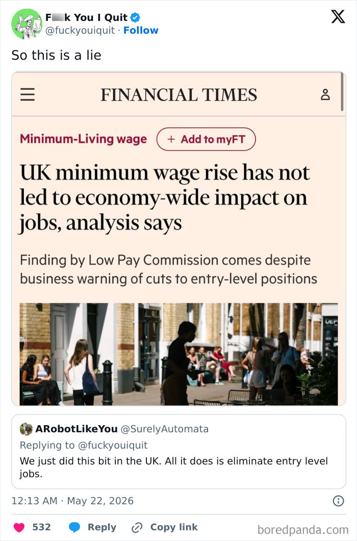 Financial Times article stating UK minimum wage rise had no economy-wide job impact