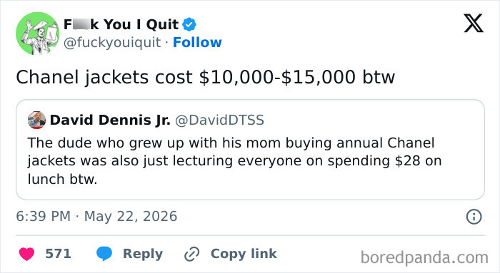 Tweet highlighting the high cost of Chanel jackets compared to lunch expenses