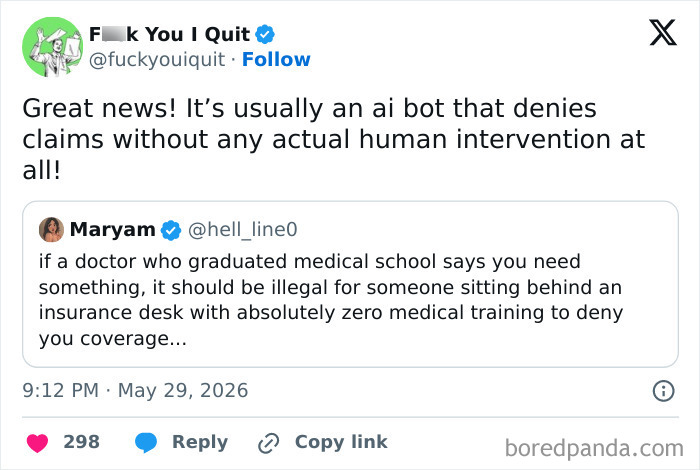Tweet criticizing AI bots denying medical claims without human intervention