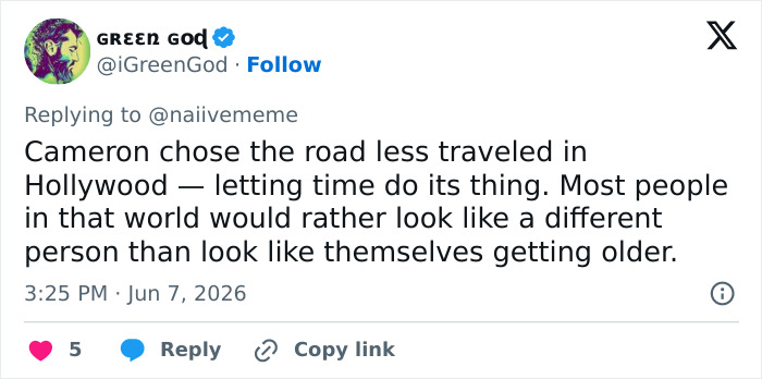 A post by GREEN God praising Cameron Diaz for naturally aging in Hollywood.