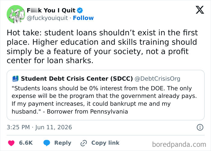 Tweet discussing student loans and debt crisis with call for education reform