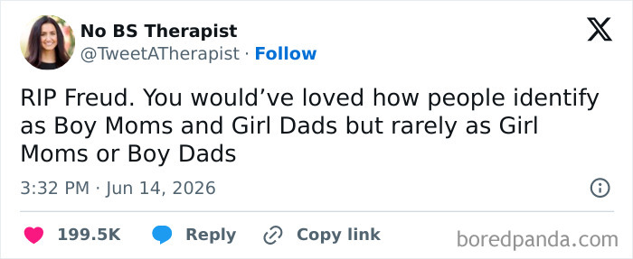 Relatable memes text post about Freud, boy moms, and girl dads