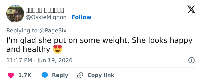 A social media post about Kelly Osbourne weight gain reading happy and healthy