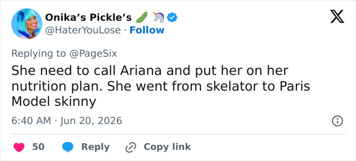 Social media comment referencing Kelly Osbourne and online reactions to her appearance.