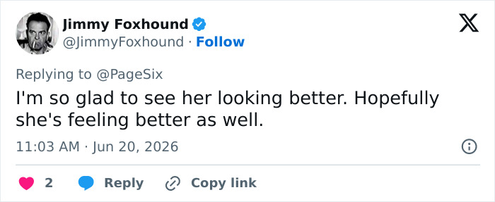 A social media post supporting Kelly Osbourne weight gain, wishing her well and noting she looks better.