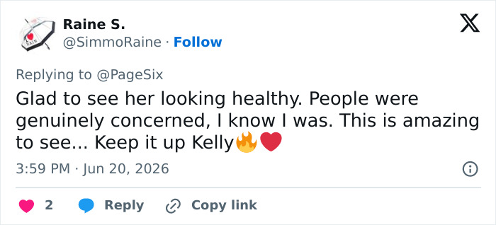 A social media user expressing support for Kelly Osbourne weight gain and health