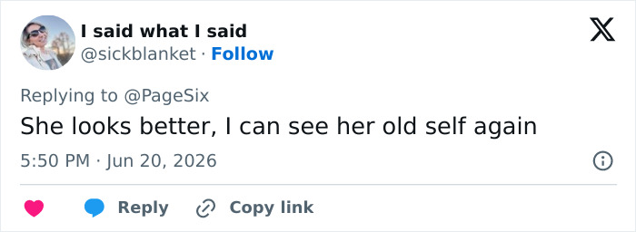 A fan tweet about Kelly Osbourne weight gain, saying she looks better and like her old self again.