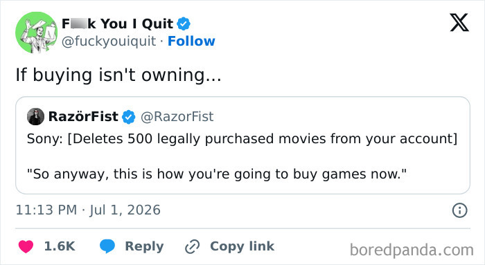 Tweet discussing how deleting legally purchased movies affects game ownership