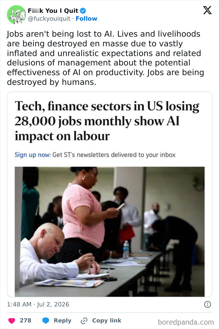 Tweet about AI's impact on US job losses in tech and finance sectors