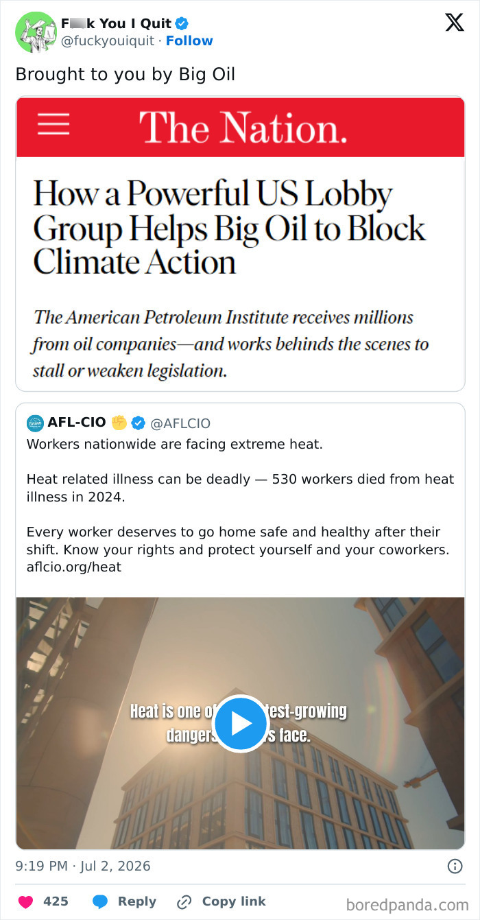 Tweet highlighting Big Oil lobby blocking climate action legislation
