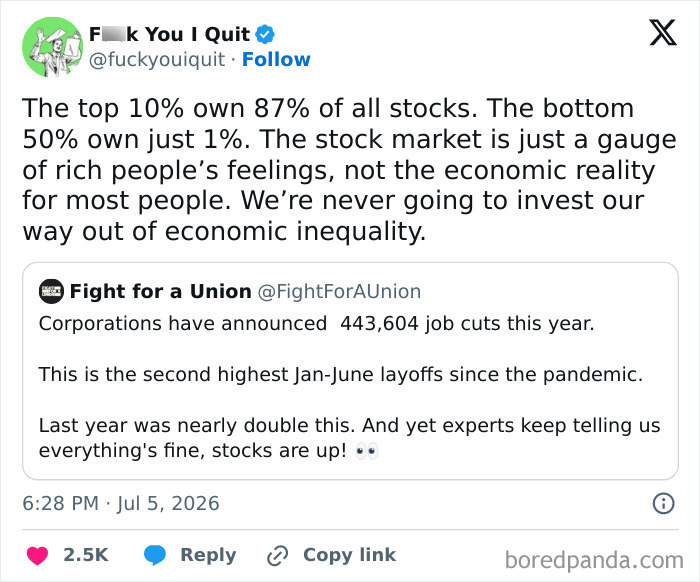 Tweet on stock market inequality despite high job cuts in 2026