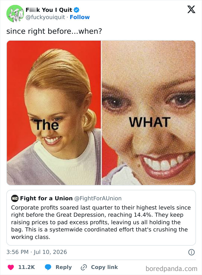 Meme about soaring corporate profits impacting working class