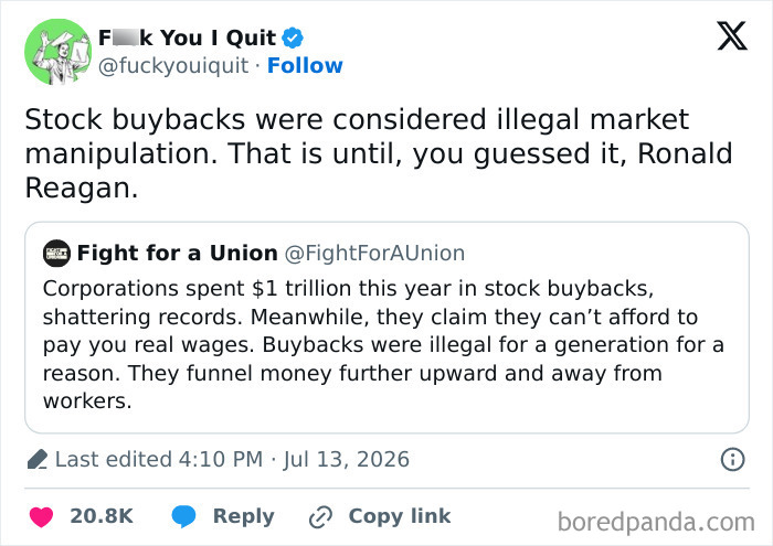 Tweet on stock buybacks and market manipulation linked to Ronald Reagan with union fight context