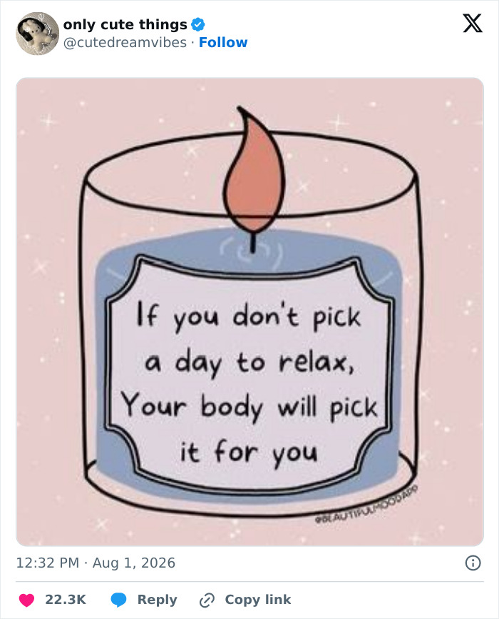 Illustration of candle with relaxation quote about self-care and rest