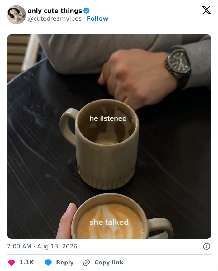Two coffee mugs with text he listened she talked adorable posts