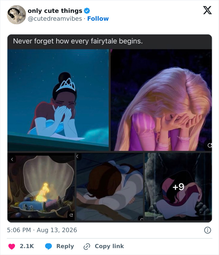 Disney princesses crying depicting how every fairytale begins in emotional scenes