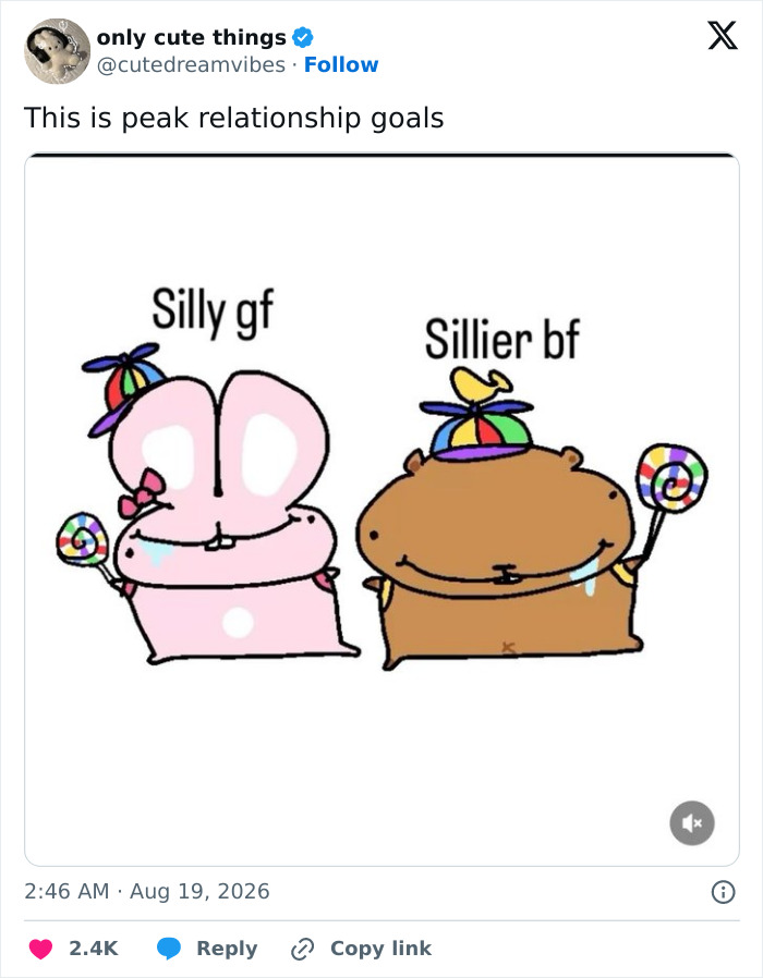 Cartoon of silly girlfriend and sillier boyfriend with lollipops showing peak relationship goals