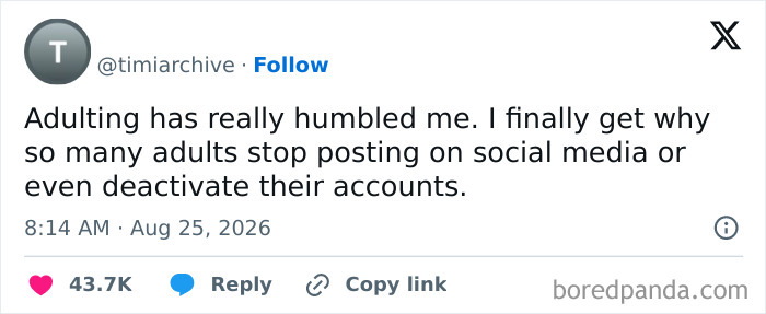 Tweet about adulting humbling and adults stopping social media posting