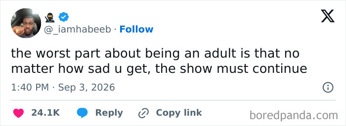 Tweet about the worst part of being an adult and emotional struggles
