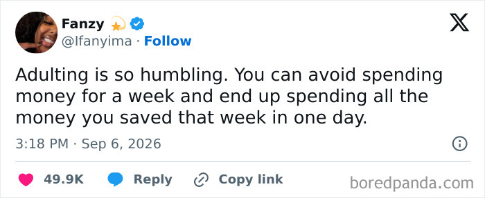 Humbling adulting meme about spending saved money quickly